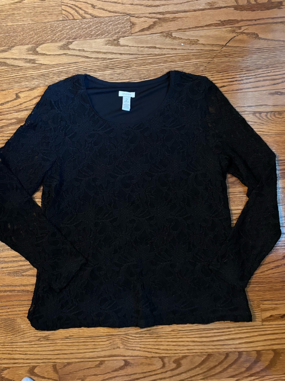Chico's Black Floral Lace Long Sleeve Top Size 2 (Large)
